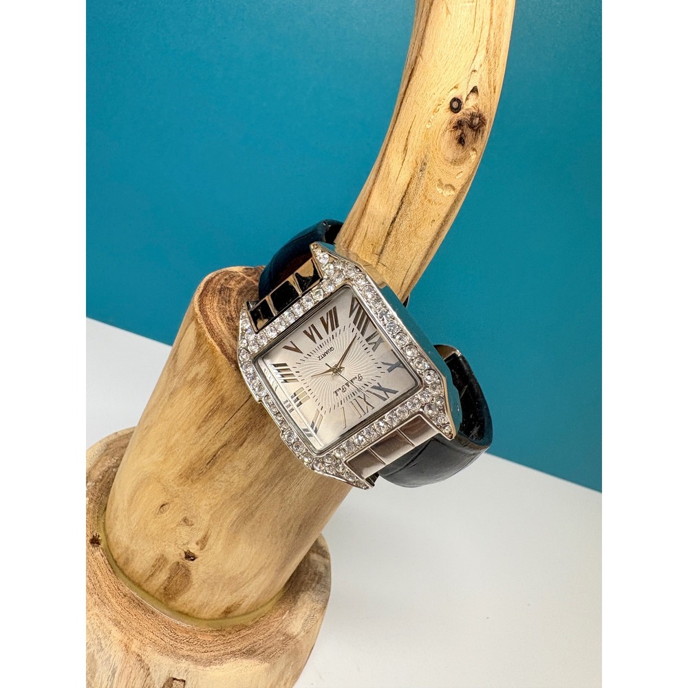 Peck & Peck Silver Tone Rhinestone Square Face Quartz Black Cuff Bangle Watch